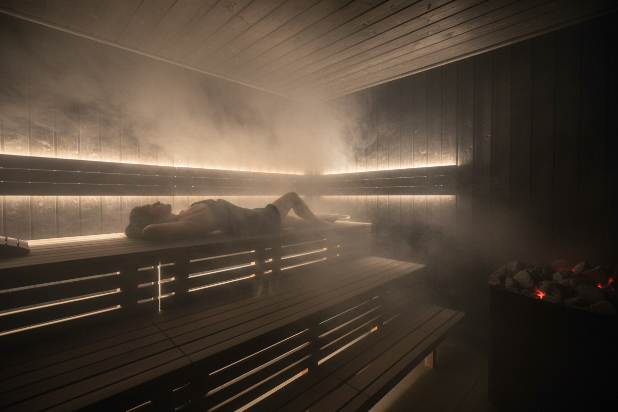 a person in a black sauna with a lot of steam